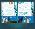 Two sided brochure or flayer template design with buildings blurred color photo. Mock-up cover in blue abstarct vector modern styl